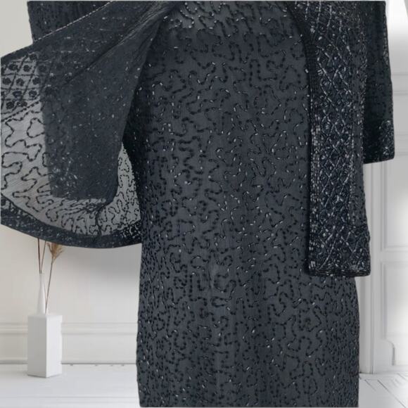 Vintage Beaded Silk Evening Gown Set Black Dress Jacket Size L Formal Gala - Picture 8 of 11